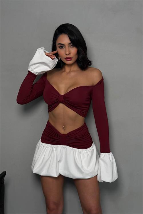 Dipmoda kadın bordo mini boy ikili balon takim DPNBDF132