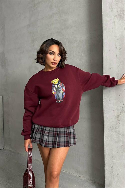 Dipmoda kadın bordo nakışlı sweatshirt DPNBG059