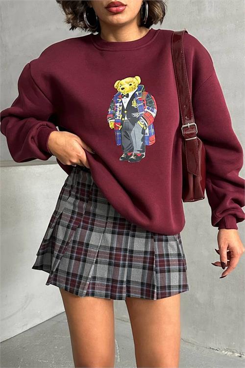 Dipmoda kadın bordo nakışlı sweatshirt DPNBG059