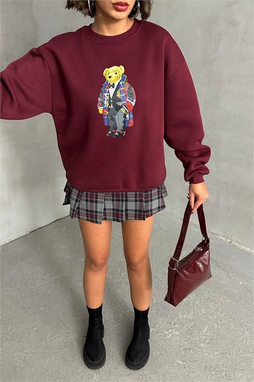 Dipmoda kadın bordo nakışlı sweatshirt DPNBG059