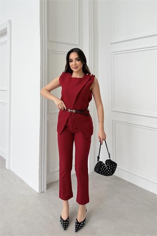 Dipmoda kadın bordo omuz düğme detaylı kolsuz blazer pantolon takım ---DPTKM4061