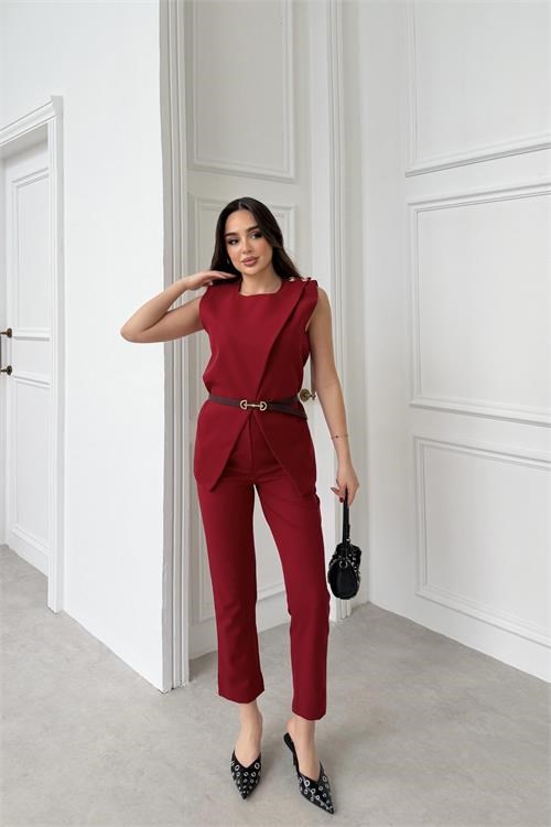 Dipmoda kadın bordo omuz düğme detaylı kolsuz blazer pantolon takım ---DPTKM4061