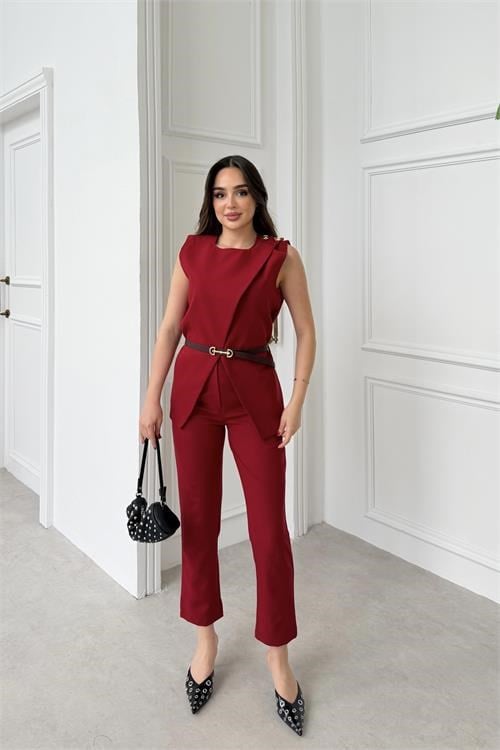 Dipmoda kadın bordo omuz düğme detaylı kolsuz blazer pantolon takım ---DPTKM4061