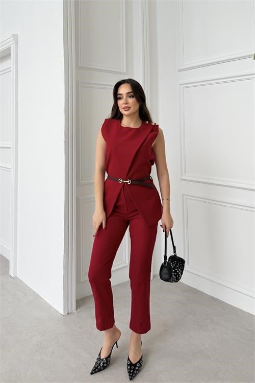 Dipmoda kadın bordo omuz düğme detaylı kolsuz blazer pantolon takım ---DPTKM4061
