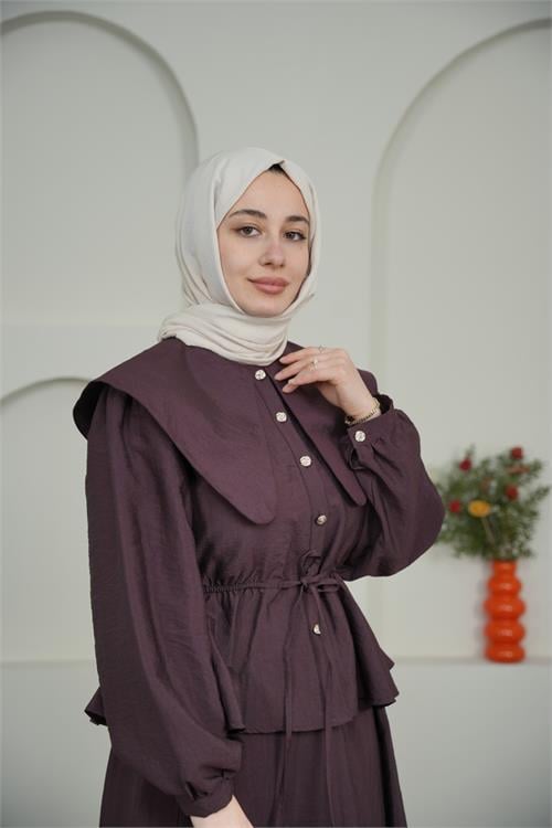 Dipmoda kadın bordo pelerin yaka etekli tesettür takım DPVQ3134