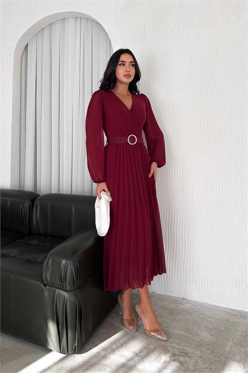 Dipmoda kadın bordo piliseli kemerli şifon elbise DPNBK3028
