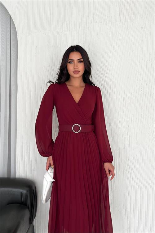 Dipmoda kadın bordo piliseli kemerli şifon elbise DPNBK3028