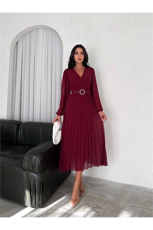 Dipmoda kadın bordo piliseli kemerli şifon elbise DPNBK3028