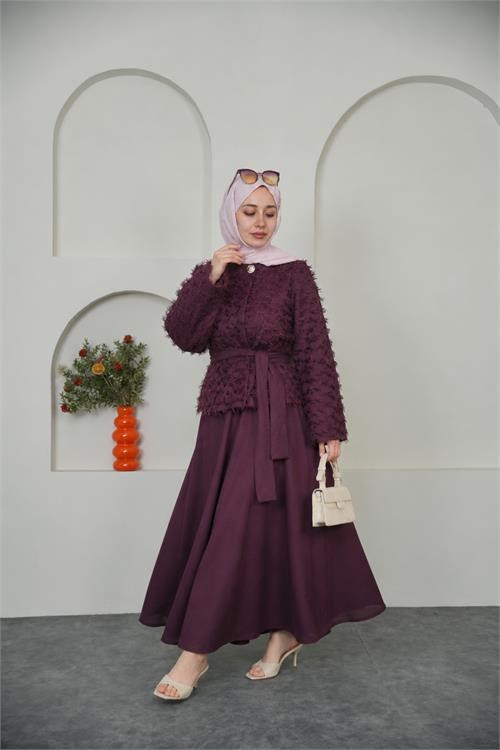 Dipmoda kadın bordo püskül kumaş bağlama detaylı etekli tesettür takım ---- DPVQ3144