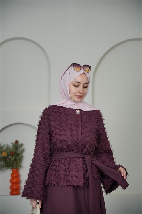 Dipmoda kadın bordo püskül kumaş bağlama detaylı etekli tesettür takım ---- DPVQ3144