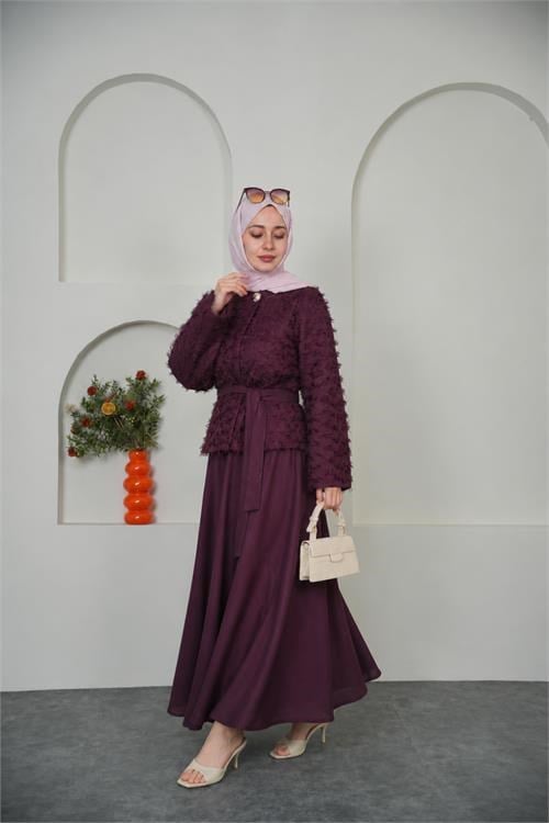 Dipmoda kadın bordo püskül kumaş bağlama detaylı etekli tesettür takım ---- DPVQ3144