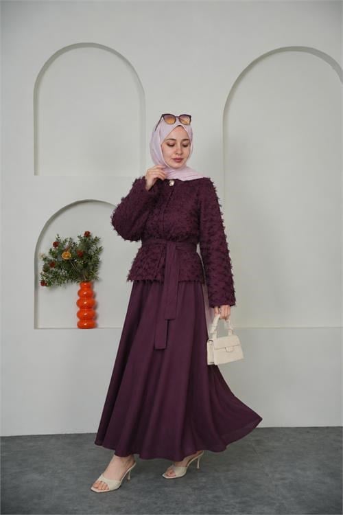 Dipmoda kadın bordo püskül kumaş bağlama detaylı etekli tesettür takım ---- DPVQ3144
