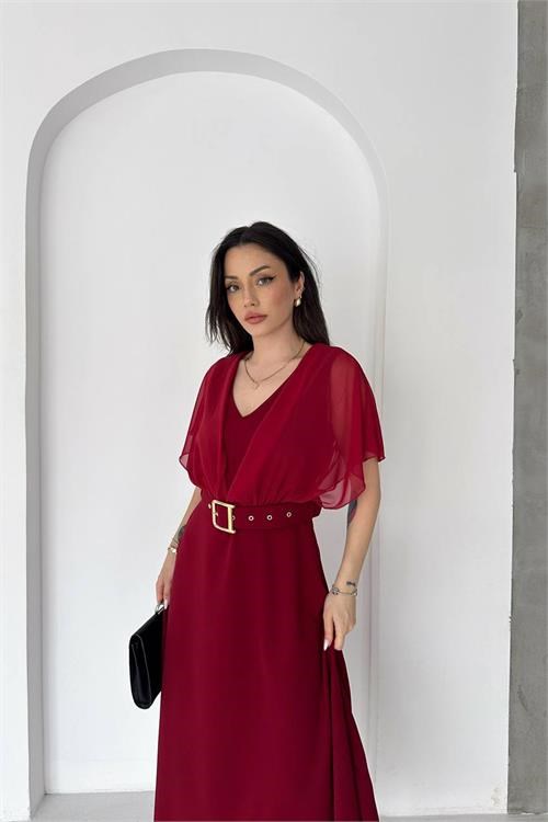 Dipmoda kadın bordo şifon kol detaylı V yaka kemerli midi boy elbise ----DPK085