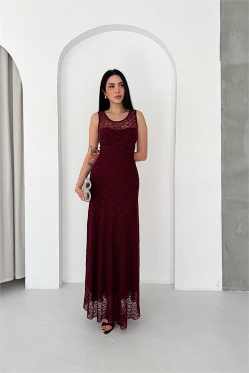Dipmoda kadın bordo transparan detaylı tam boy astarlı dantel elbise DPK4619