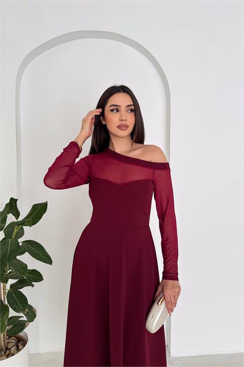 Dipmoda kadın bordo transparan detaylı tek omuz uzun kollu midi boy elbise