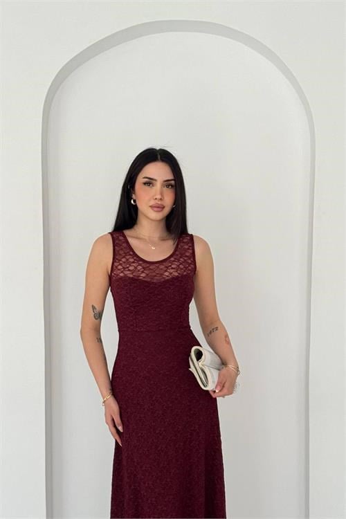 Dipmoda kadın bordo transparan detaylı tam boy astarlı dantel elbise DPK4619