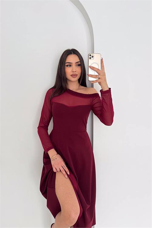 Dipmoda kadın bordo transparan detaylı tek omuz uzun kollu midi boy elbise