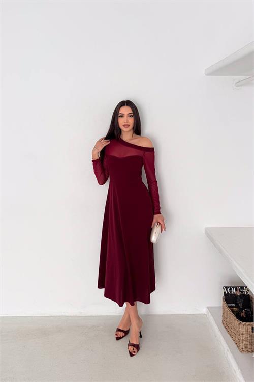 Dipmoda kadın bordo transparan detaylı tek omuz uzun kollu midi boy elbise