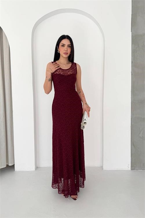Dipmoda kadın bordo transparan detaylı tam boy astarlı dantel elbise DPK4619
