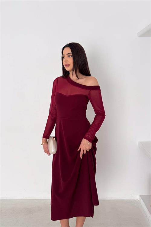 Dipmoda kadın bordo transparan detaylı tek omuz uzun kollu midi boy elbise