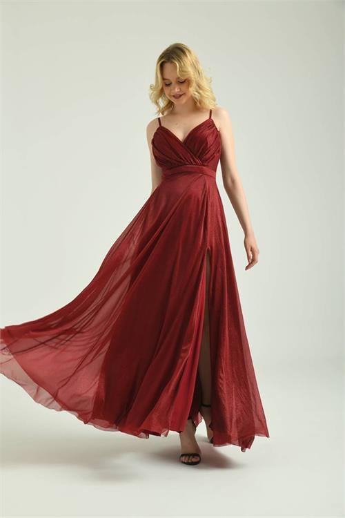 Dipmoda kadın bordo yeşil simli kumaş askılı uzun abiye DPS9276