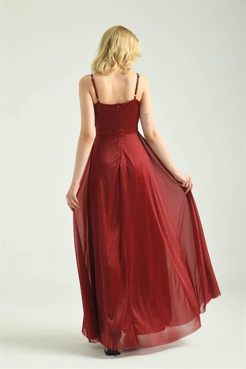 Dipmoda kadın bordo yeşil simli kumaş askılı uzun abiye DPS9276