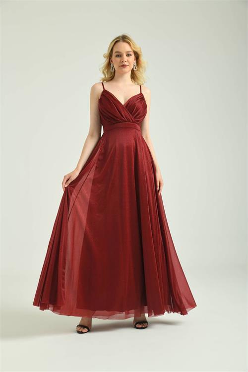 Dipmoda kadın bordo yeşil simli kumaş askılı uzun abiye DPS9276