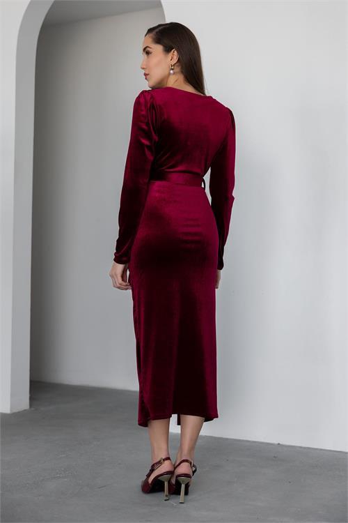 Dipmoda kadın bordo yırtmaçlı kadife elbise NBMY3326