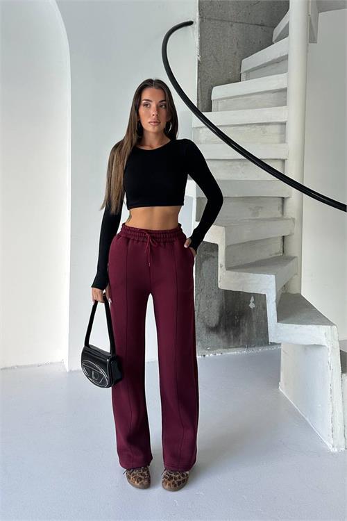 Dipmoda kadın bordo yüksek bel 3 iplik eşofman altı DPG107