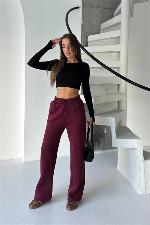 Dipmoda kadın bordo yüksek bel 3 iplik eşofman altı DPG107