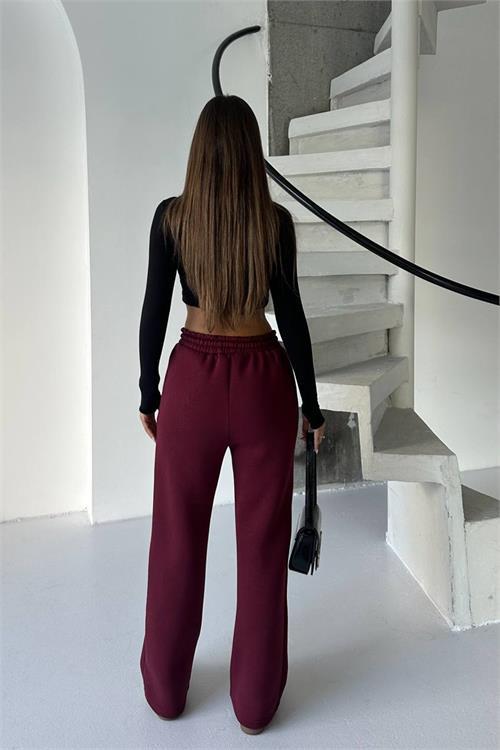 Dipmoda kadın bordo yüksek bel 3 iplik eşofman altı DPG107