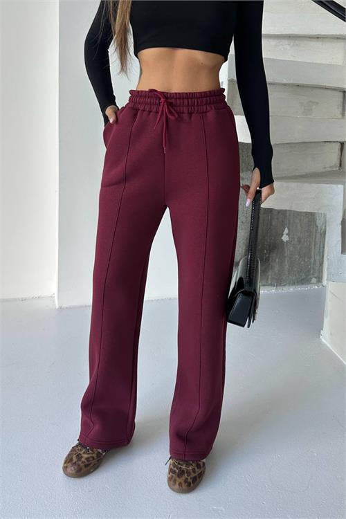 Dipmoda kadın bordo yüksek bel 3 iplik eşofman altı DPG107