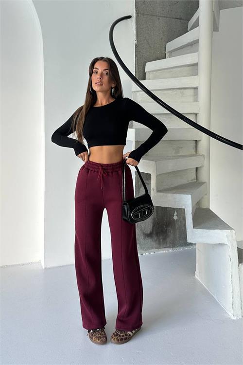 Dipmoda kadın bordo yüksek bel 3 iplik eşofman altı DPG107