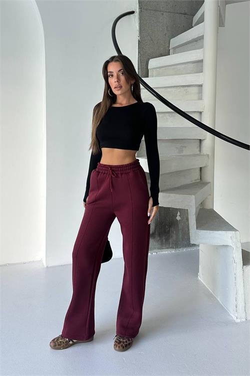 Dipmoda kadın bordo yüksek bel 3 iplik eşofman altı DPG107