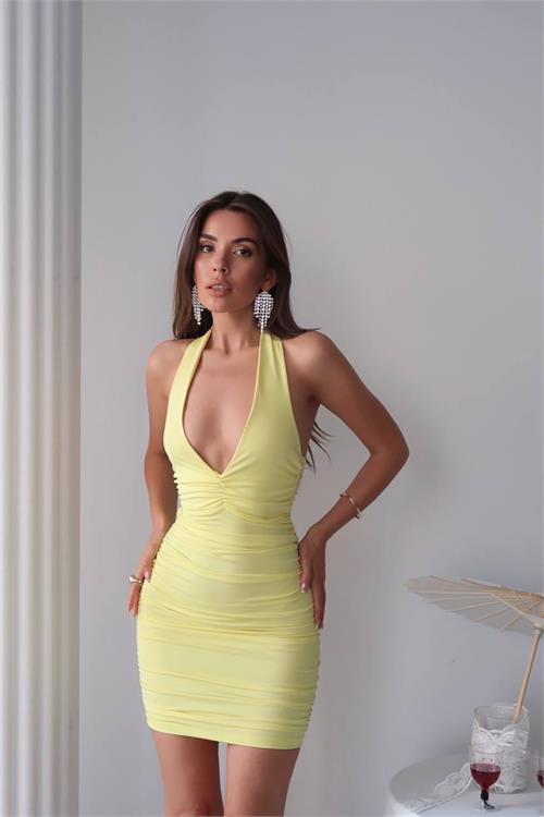 Dipmoda kadın boyundan bağlama detaylı mini elbise DPDF0233