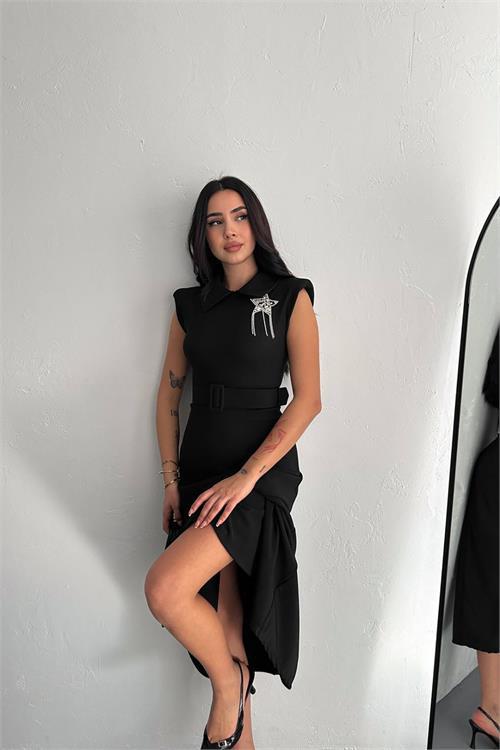 Dipmoda kadın broş detaylı kemerli midi elbise DPK4114