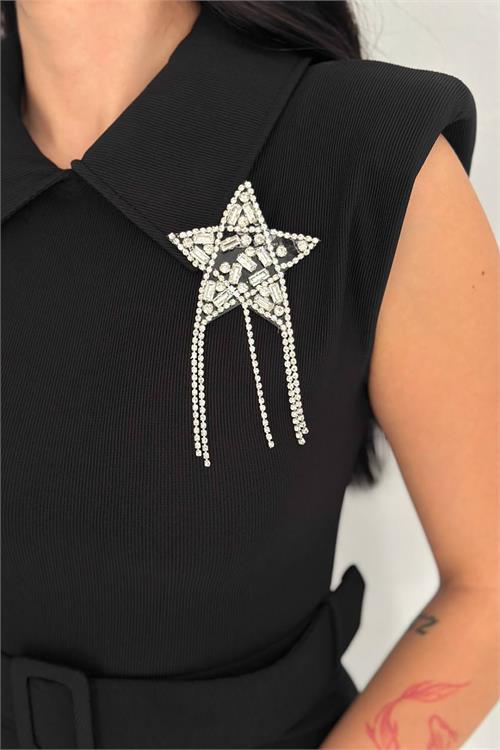 Dipmoda kadın broş detaylı kemerli midi elbise DPK4114