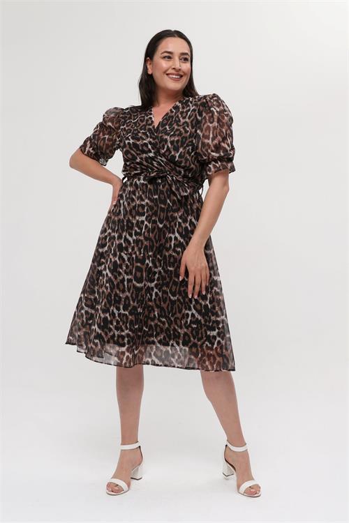 Dipmoda kadın büyük beden leoopar desenli midi boy elbise NM8062 