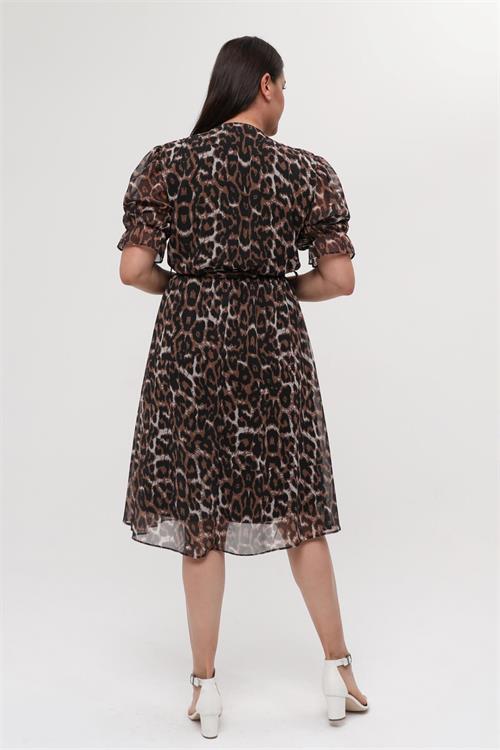 Dipmoda kadın büyük beden leoopar desenli midi boy elbise NM8062 