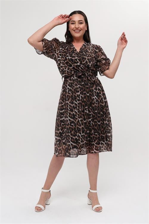 Dipmoda kadın büyük beden leoopar desenli midi boy elbise NM8062 