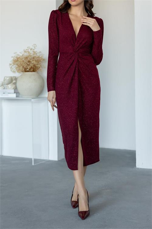 Dipmoda kadın büzgü detaylı simli gece elbisesi NBMY3633