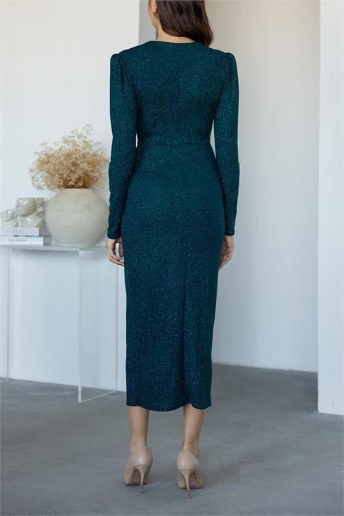 Dipmoda kadın büzgü detaylı simli gece elbisesi NBMY3633