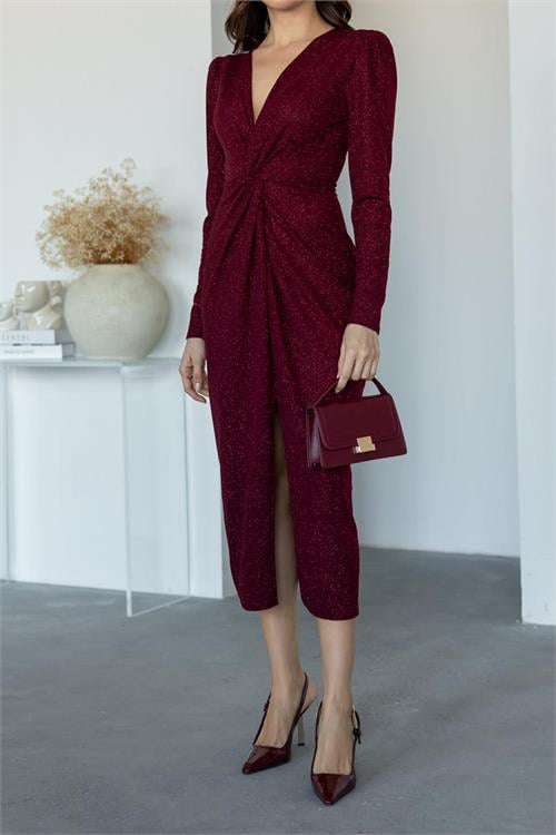 Dipmoda kadın büzgü detaylı simli gece elbisesi NBMY3633