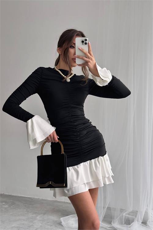 Dipmoda kadın büzgülü bluz mini elbise DPNBDF024