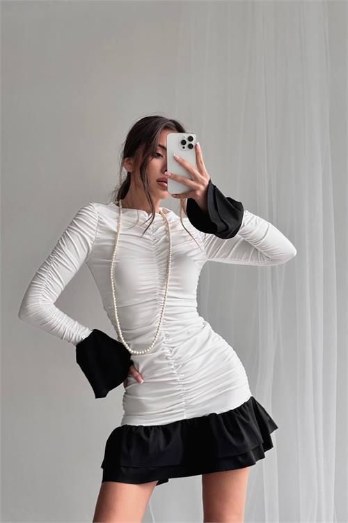 Dipmoda kadın büzgülü bluz mini elbise DPNBDF024