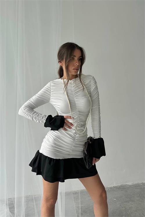 Dipmoda kadın büzgülü bluz mini elbise DPNBDF024