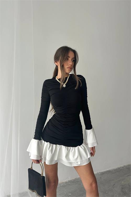 Dipmoda kadın büzgülü bluz mini elbise DPNBDF024