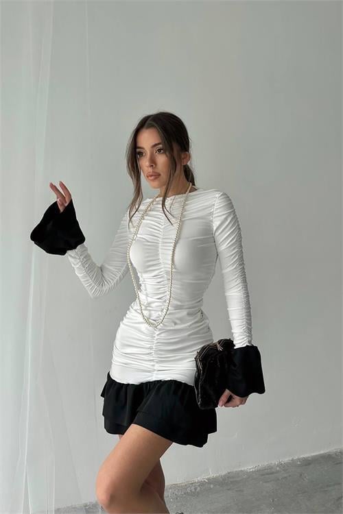 Dipmoda kadın büzgülü bluz mini elbise DPNBDF024