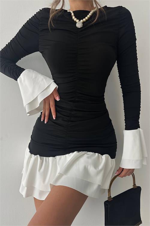 Dipmoda kadın büzgülü bluz mini elbise DPNBDF024