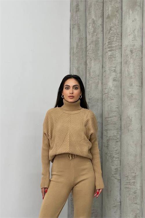 Dipmoda kadın camel fitilli balıkçı yaka alt üst triko takım NBDM1215 